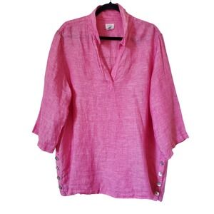 Sigrid‎ Olsen Pink Linen Tunic Top Button Side VNeck Womens 1X Relaxed Fit Beach